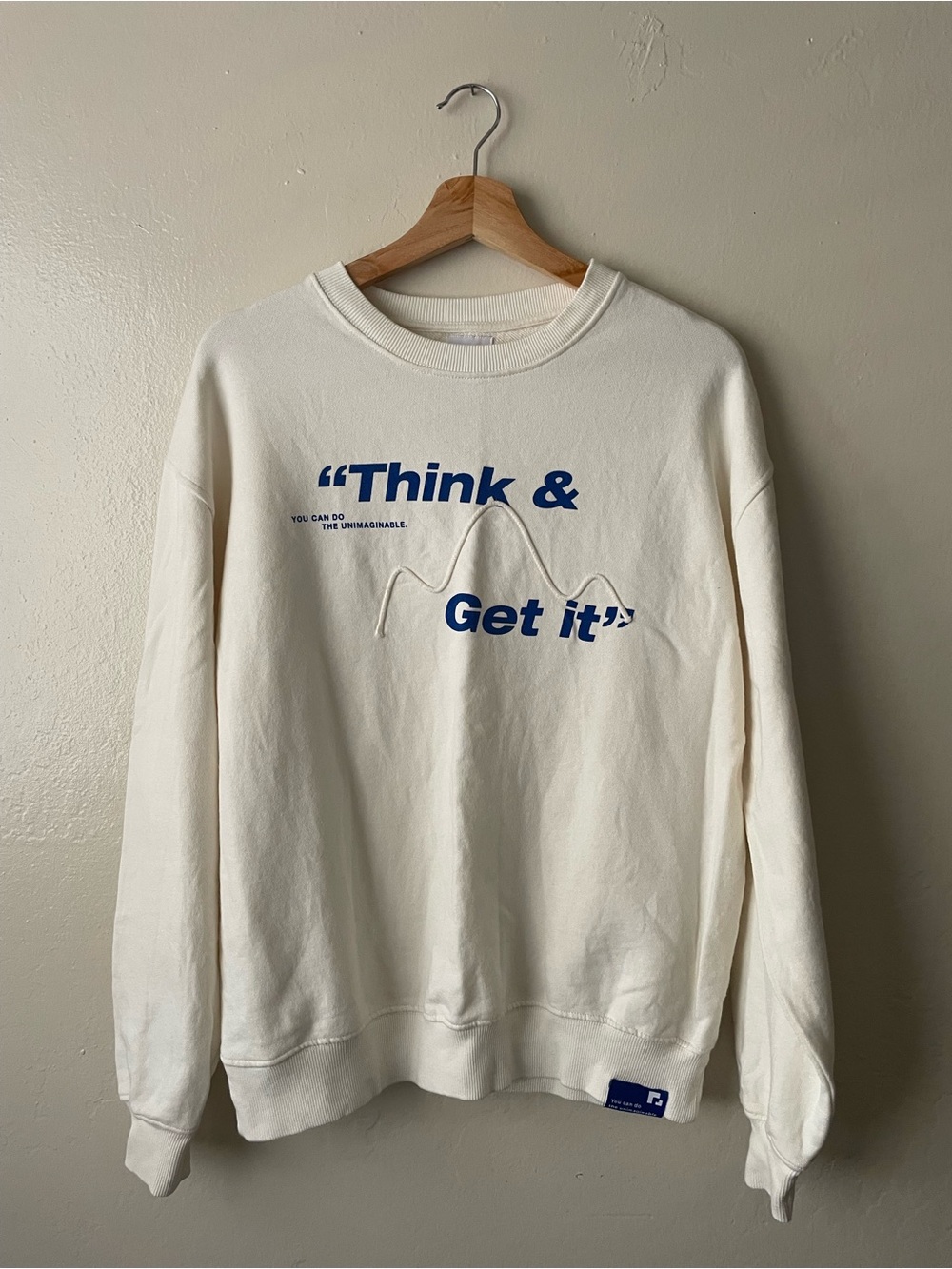 Zara Cream oversized Crewneck Sweatshirt with Blue Slogan